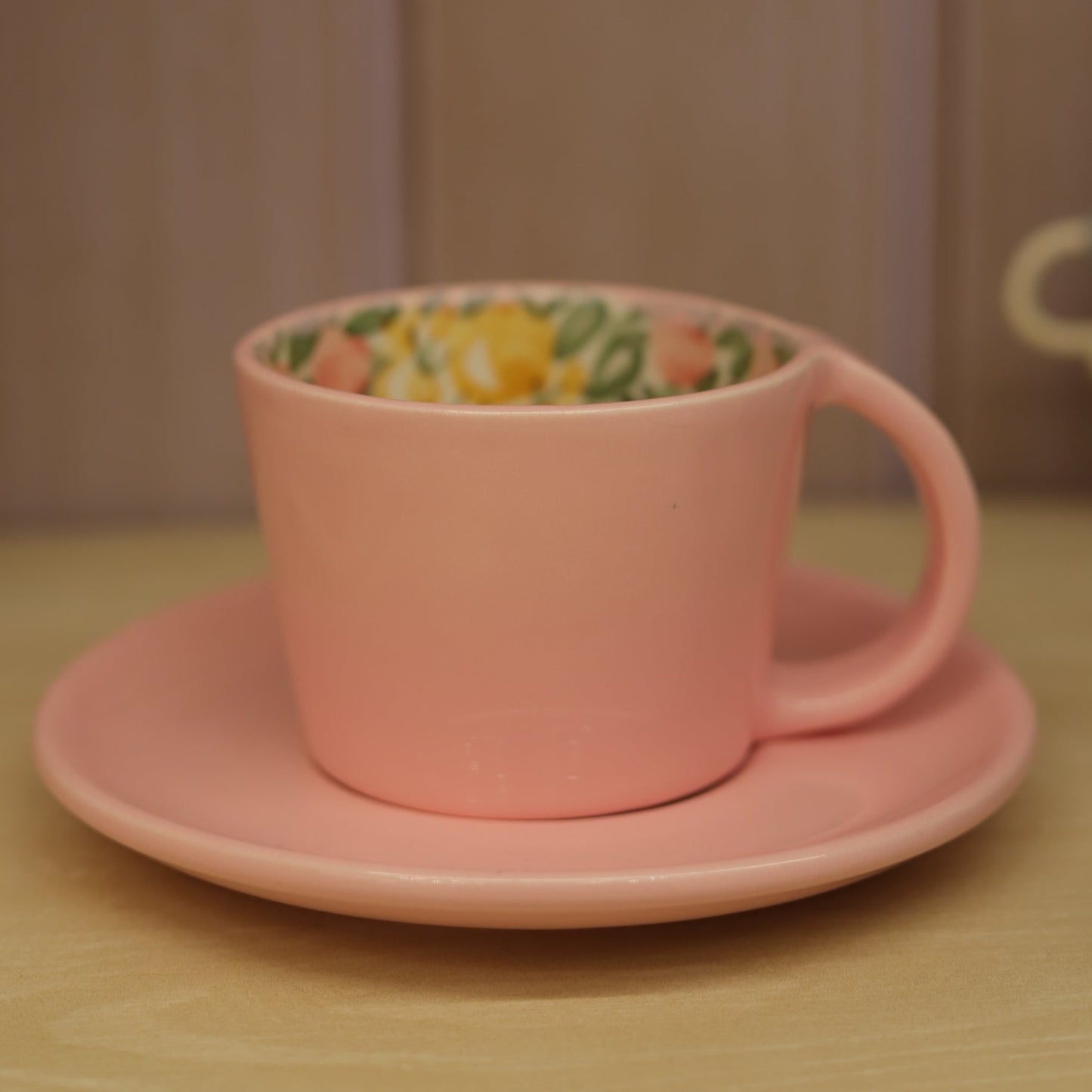 Hand-Painted Ceramic Coffee Cups with Saucer Pink