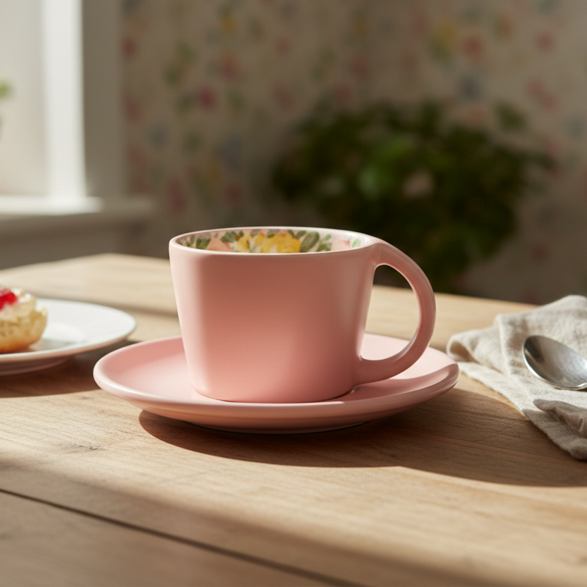 Hand-Painted Ceramic Coffee Cups with Saucer Pink