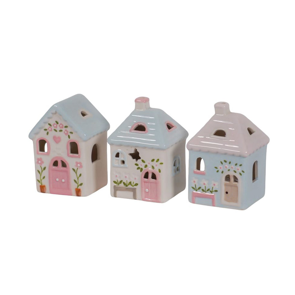 Set of 3 mini ceramic houses Country with led light 10 cm Isabelle Rose