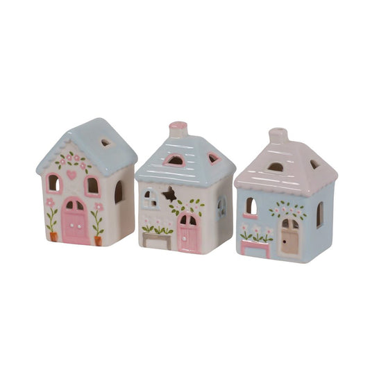 Set of 3 mini ceramic houses Country with led light 10 cm Isabelle Rose