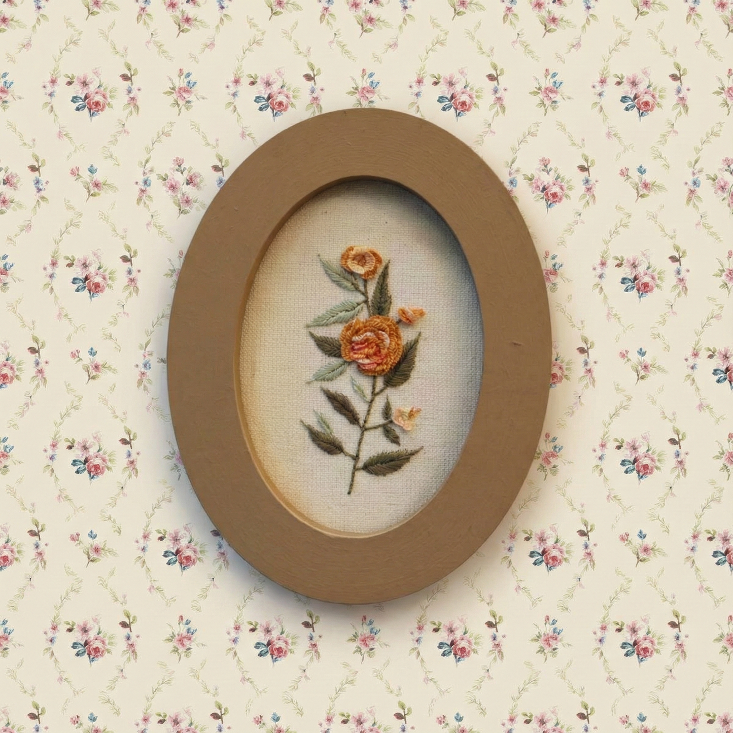 Embroidered oval wooden plaque