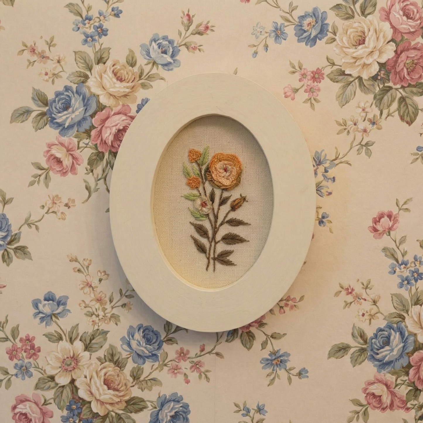 Embroidered oval wooden plaque