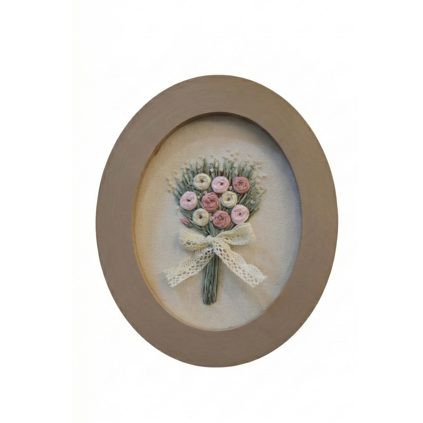 Embroidered oval wooden plaque